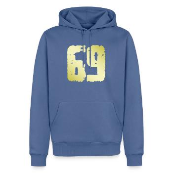 69 Nombre Vintage - Sweat à capuche Premium bio Homme - bleu pigeon - Devant - Nico (187cm)