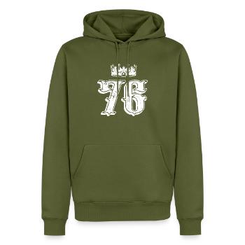 76 Number crown - Men’s Premium Organic Hoodie - khaki - Front - Nico (187cm)