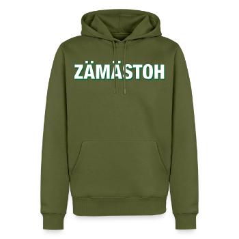 ZAEMAESTOH Fussball Spruch - Männer Premium Bio Hoodie - Khaki - Vorne - Nico (187cm)