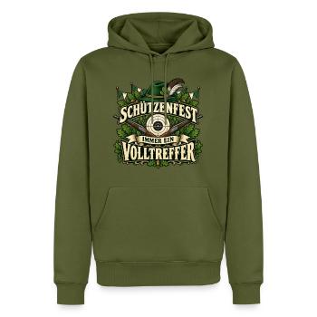 Schützenfest – Immer ein Volltreffer - Männer Premium Bio Hoodie - Khaki - Vorne - Nico (187cm)