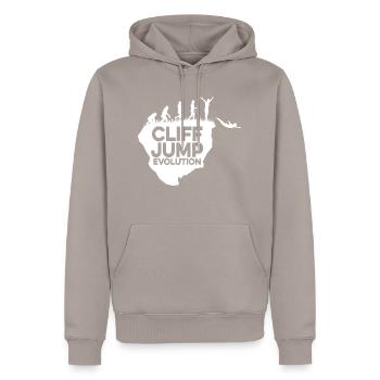 Cliff Jumping Evolution Graphic Cliff Jumper Tombs - Men’s Premium Organic Hoodie - taupe - Front - Nico (187cm)