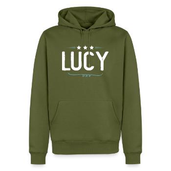 Lucy - Men’s Premium Organic Hoodie - khaki - Front - Nico (187cm)
