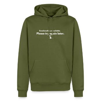 Emotionally Unavailable – Minimal Funny Mood Shirt - Men’s Premium Organic Hoodie - khaki - Front - Nico (187cm)