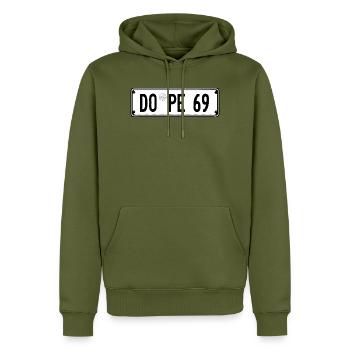 Nummernschild DO-PE 69 kultig - Männer Premium Bio Hoodie - Khaki - Vorne - Nico (187cm)