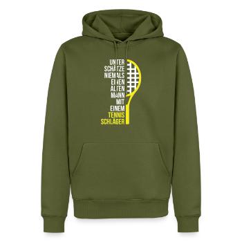 Alter Mann mit einem Tennis Schlaeger Papa Geschen - Männer Premium Bio Hoodie - Khaki - Vorne - Nico (187cm)