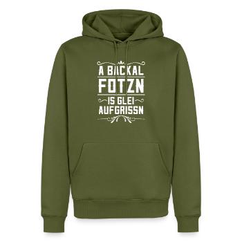 A Backal Fotzn is glei aufgrissn bayrische Sprüche - Männer Premium Bio Hoodie - Khaki - Vorne - Nico (187cm)