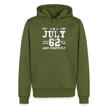 62ème anniversaire Juillet né 1960 Idée cadeau - Sweat à capuche Premium bio Homme - kaki - Devant - Nico (187cm)