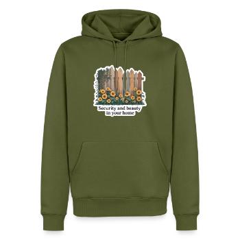 SICHERHEIT UND SCHÖNHEIT IN IHREM ZUHAUSE - Männer Premium Bio Hoodie - Khaki - Vorne - Nico (187cm)