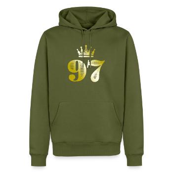 97 Numéro Couronne Or - Sweat à capuche Premium bio Homme - kaki - Devant - Nico (187cm)