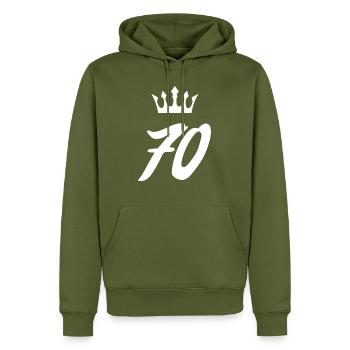 70 Number crown - Men’s Premium Organic Hoodie - khaki - Front - Nico (187cm)