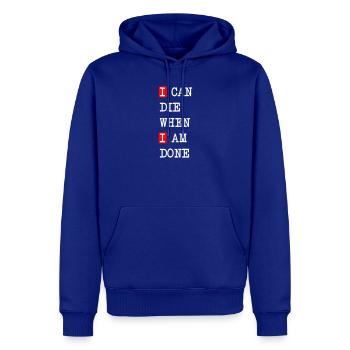 Mourir quand j’aurai fini – design sombre et statement - Sweat à capuche Premium bio Homme - bleu roi - Devant - Nico (187cm)