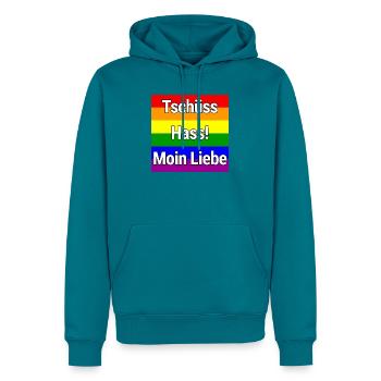 TSCHÜSS HASS MOIN LIEBE REGENBOGEN STATEMENT SHIRT - Männer Premium Bio Hoodie - Petrol - Vorne