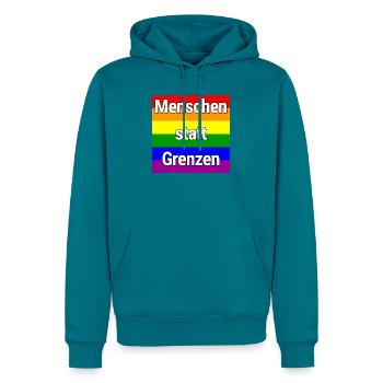 MENSCHEN STATT GRENZEN REGENBOGEN STATEMENT - Männer Premium Bio Hoodie - Petrol - Vorne