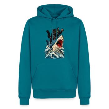 Angry Black Cat Riding a Great White Shark - Männer Premium Bio Hoodie - Petrol - Vorne