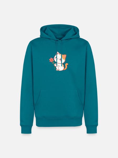 Süße Katze hält eine Blume - Männer Premium Bio Hoodie - Petrol