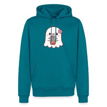 Süßer Geist mit rosa Blume trinkt Eiskaffee - Männer Premium Bio Hoodie - Petrol - Vorne