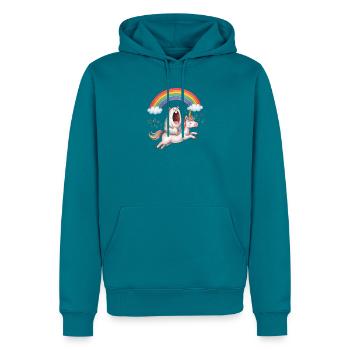 Schreiender Hamster reitet Einhorn Regenbogen - Männer Premium Bio Hoodie - Petrol - Vorne