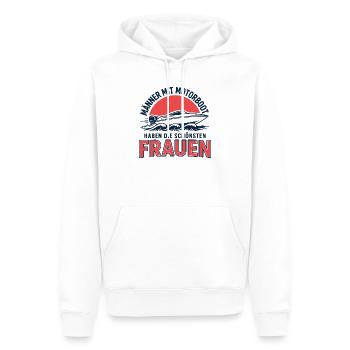Männer mit Motorboot haben die schönsten Frauen - Männer Premium Bio Hoodie - Weiß - Vorne - Nico (187cm)