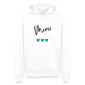 MERCI. THANKS. THANK YOU. ANNIVERSAIRE. NAISSANCE. - Sweat à capuche Premium bio Homme - blanc - Devant - Nico (187cm)