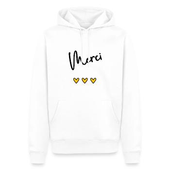 MERCI. THANKS. THANK YOU. ANNIVERSAIRE. NAISSANCE. - Sweat à capuche Premium bio Homme - blanc - Devant - Nico (187cm)