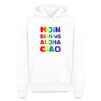 moin servus aloha ciao regenbogen - Männer Premium Bio Hoodie - Weiß - Vorne - Nico (187cm)