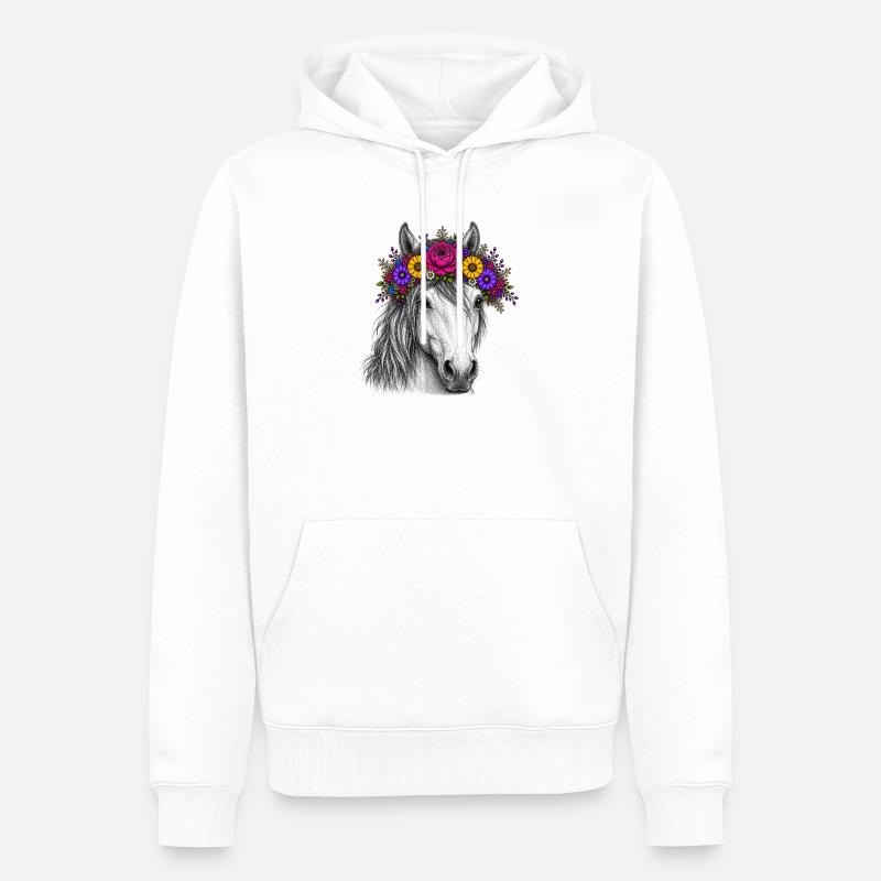 Cheval avec une couronne de fleurs - Sweat à capuche Premium bio Homme - blanc