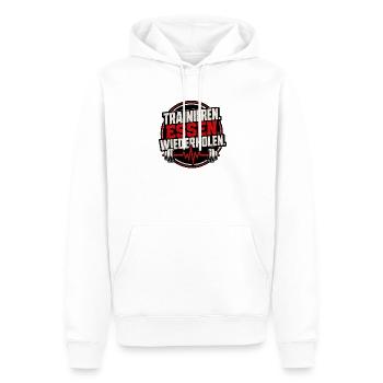 Trainieren. Essen. Wiederholen. – Fitness - Männer Premium Bio Hoodie - Weiß - Vorne - Nico (187cm)