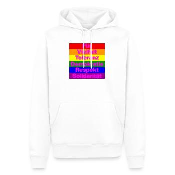 VIELFALT TOLERANZ DEMOKRATIE RESPEKT SOLIDARITÄT - Männer Premium Bio Hoodie - Weiß - Vorne - Nico (187cm)