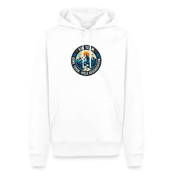 Ein Team – Eine Tour – Viele Geschichten - Männer Premium Bio Hoodie - Weiß - Vorne - Nico (187cm)
