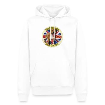 Staffie rouge sur fond de drapeau anglais - 014 - Sweat à capuche Premium bio Homme - blanc - Devant - Nico (187cm)
