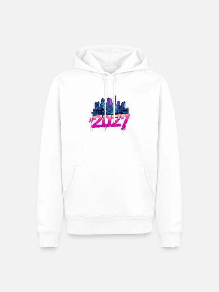 Cyberpunk Skyline 2027 Neon Graffiti - Männer Premium Bio Hoodie - Weiß