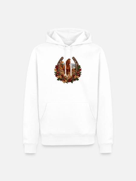 Pferd auf herbstlichem Bergpfad - Männer Premium Bio Hoodie - Weiß