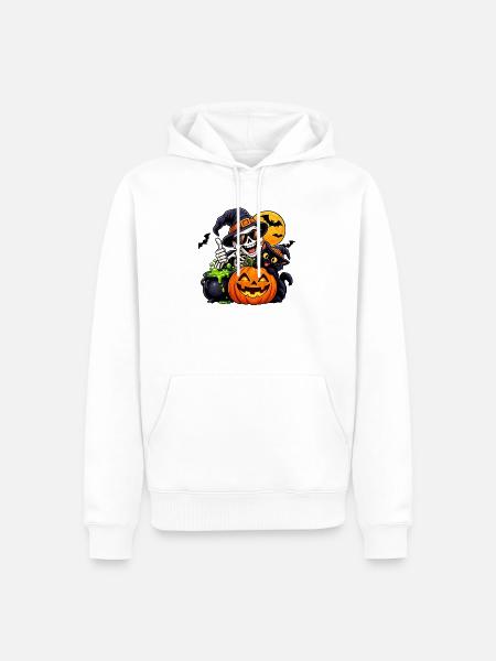 Halloween Skelett Hexenkatze Kürbis - Männer Premium Bio Hoodie - Weiß