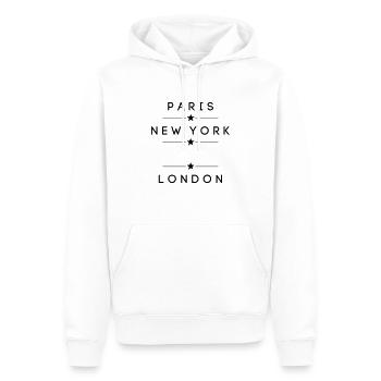 Paris, New York, dein Heimatort, London - Männer Premium Bio Hoodie - Weiß - Vorne - Nico (187cm)