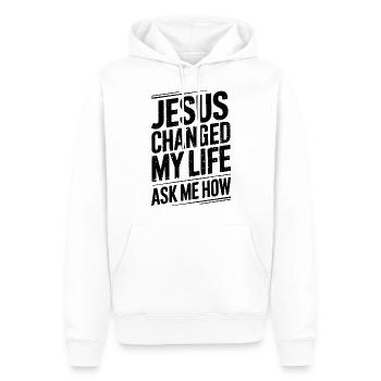 Jesus changed my life! Ask me how! - Men’s Premium Organic Hoodie - white - Front - Nico (187cm)