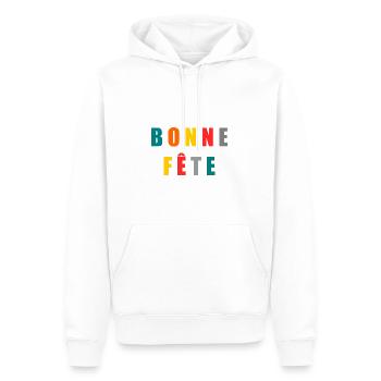 BONNE FÊTE. FÊTE DES MÈRES. FÊTE DES PÈRES. FÊTE - Sweat à capuche Premium bio Homme - blanc - Devant - Nico (187cm)