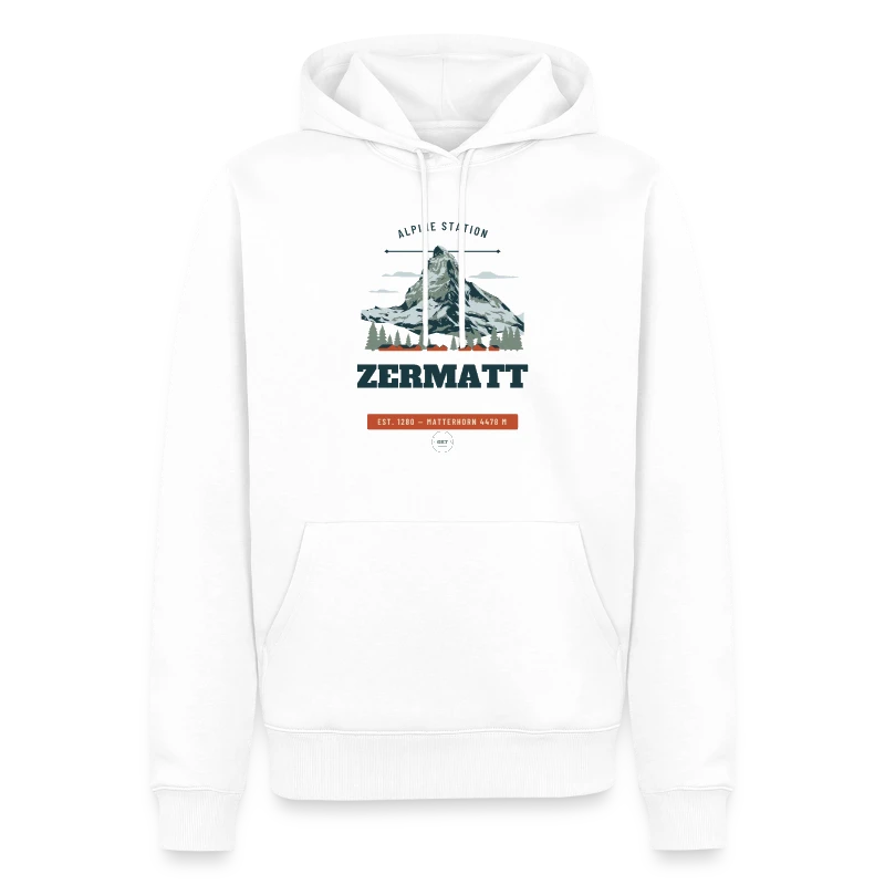 Zermatt badge on a men’s premium organic hoodie