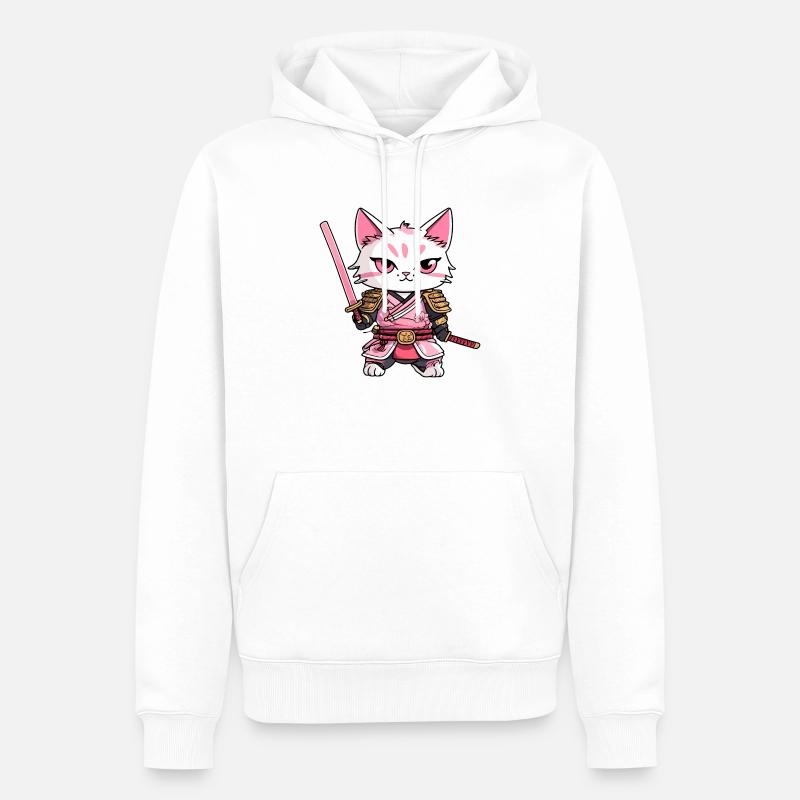 Samurai Katze & Kirschblüten #9 - Männer Premium Bio Hoodie - Weiß