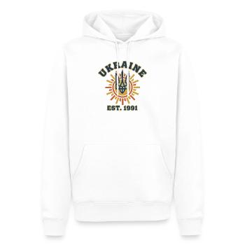 Logo du soleil Trident d’Ukraine EST1991 - Sweat à capuche Premium bio Homme - blanc - Devant - Nico (187cm)