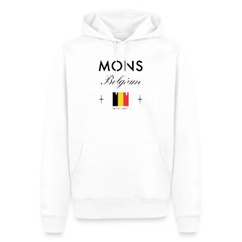 Mons Belgium Coordinates Travel Souvenir - Men’s Premium Organic Hoodie - white - Front - Nico (187cm)