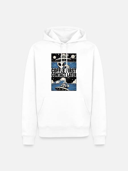 Coffee First Contact Later – Alien Comic - Männer Premium Bio Hoodie - Weiß