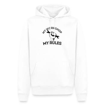 Meine Garage, meine Regeln - Meine Werkstatt meine Regeln - Männer Premium Bio Hoodie - Weiß - Vorne - Nico (187cm)