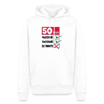 TEE SHIRT HUMOUR DESIGN ET MOTIF ANNIVERSAIRE 50 - Sweat à capuche Premium bio Homme - blanc - Devant - Nico (187cm)