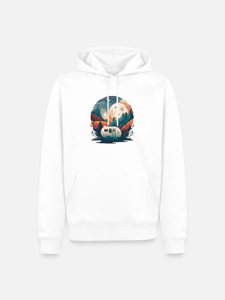 Wohnwagen,Camper in den Bergen mit Mondschein - Herre Premium økologisk hoodie - hvid