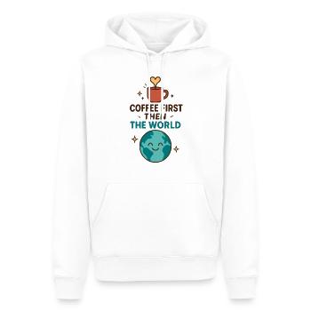 Coffee First – Then the World - Männer Premium Bio Hoodie - Weiß - Vorne - Nico (187cm)