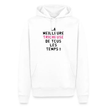 Tricheur / Tricheuse / Humour / Gaming / Ecole - Sweat à capuche Premium bio Homme - blanc - Devant - Nico (187cm)