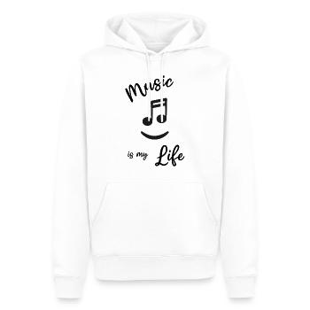 « La musique c’est ma vie » Partitions de musiciens - Sweat à capuche Premium bio Homme - blanc - Devant - Nico (187cm)