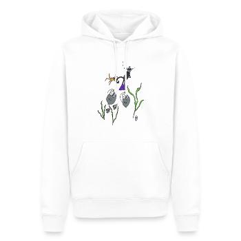 Squiti the black cat swims with fish - Men’s Premium Organic Hoodie - white - Front - Nico (187cm)