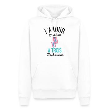 Humour : L'amour c'est Bien, À Trois c'est Mieux - Sweat à capuche Premium bio Homme - blanc - Devant - Nico (187cm)