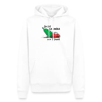 QUI_BOIT_LA_GNOLE_CASSE DAS AUTO - Männer Premium Bio Hoodie - Weiß - Vorne - Nico (187cm)